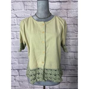 Vintage Boho Coastal Grandma Chic Cropped Blouse with Crochet Lace Accents